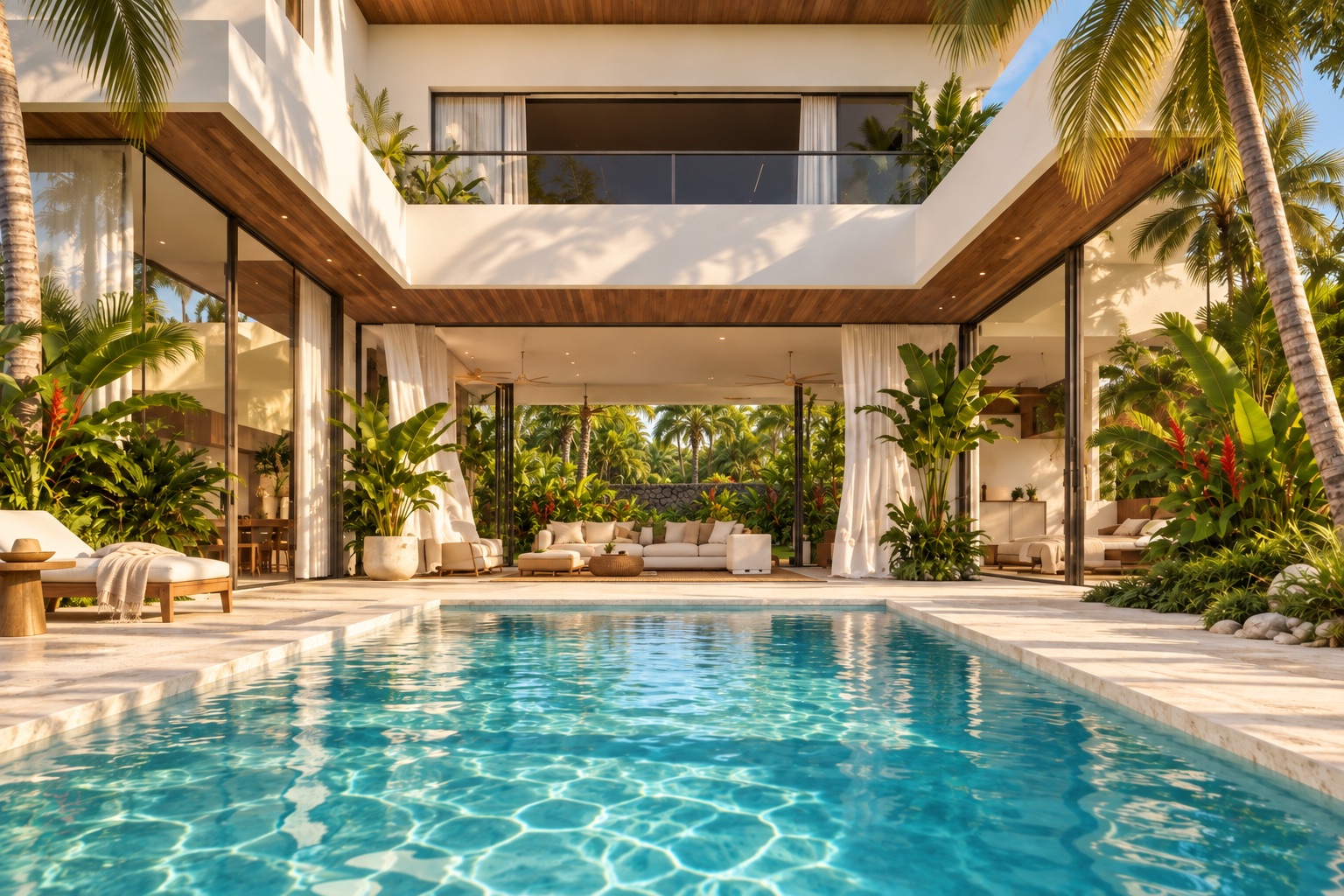A pool framed by a two-storey vacation home and tropical planting in Punta Leona